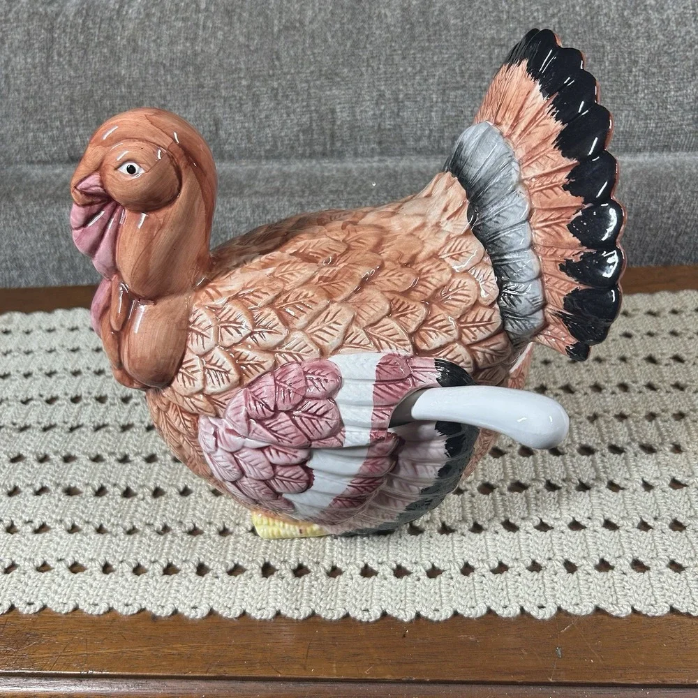 Vtg 2.5 Qt. Ceramic Turkey Soup Tureen with LID and LADLE Farmhouse Country 90s